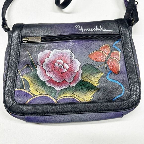 Anuschka Purple Black Floral Hand Painted Leather Crossbody Bag + Card Holder - Picture 2 of 15